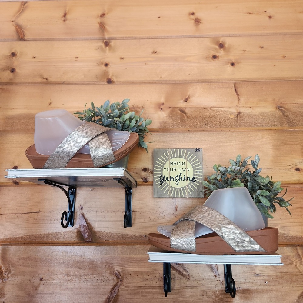 FITFLOP Lulu Gold Leather Criss Cross Strap Slip-On Platform Wedge Sandals Sz 9